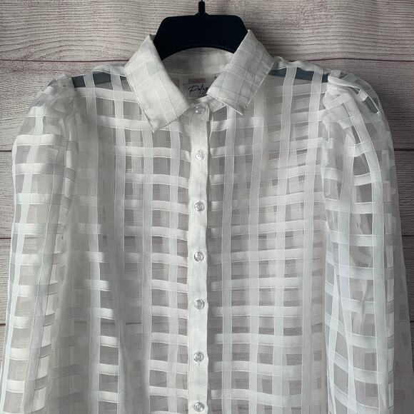Polagram White Lattice Button Down Blouse Long Sleeve Pouf Shoulders Size Small - Picture 2 of 14